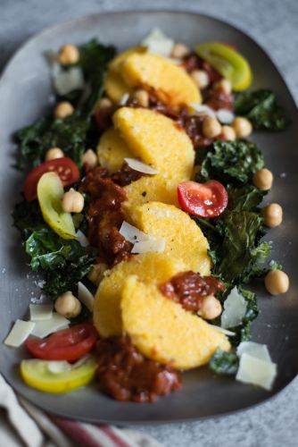 Pan Fried Polenta with Roasted Kale & Chickpeas