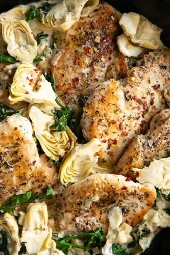 One Pan Creamy Spinach Artichoke Chicken