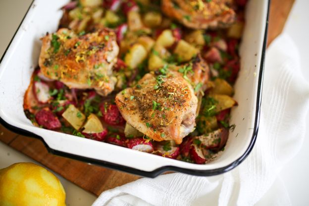 Paleo Crispy Garlic-Dill Chicken Thighs + Roasted Radishes