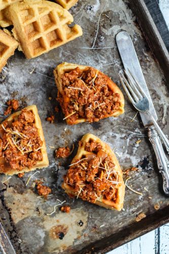 Spicy Turkey Sloppy Joes on Whole Wheat Cornbread Waffles
