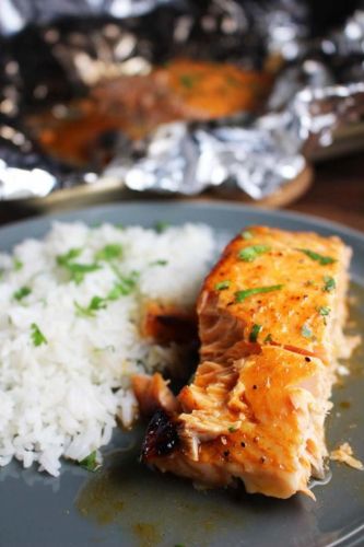 Sriracha Salmon with Honey Lime Butter and Coconut Rice