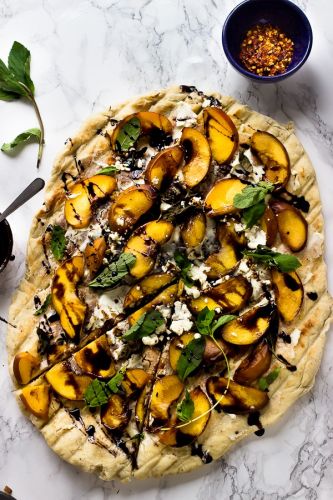 Grilled Peach, Basil, and Goat Cheese Pizza