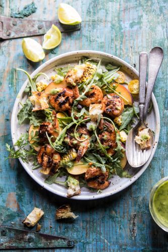 Zesty Grilled Shrimp, Bread, and Sweet Peach Salad with Avocado Vinaigrette
