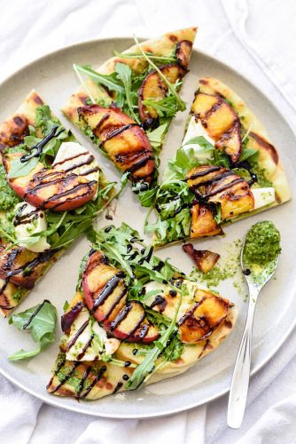 Grilled Flatbread With Peaches And Arugula Pesto
