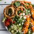 Buffalo Chicken + Blue Cheese Guacamole and Crunchy Baked Onion Ring Salad
