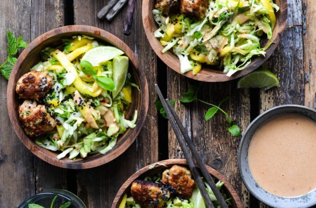 mango salad with chili chicken balls & peanut sauce