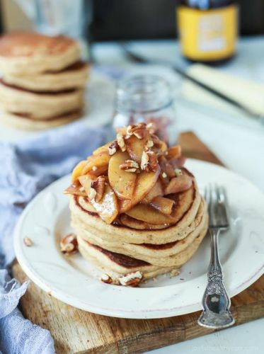 Fluffy Whole Wheat Pancakes with Cinnamon Apple Compote