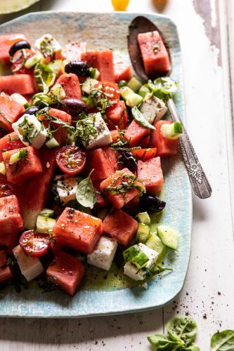 Greek Watermelon and Feta Salad with Basil Vinaigrette