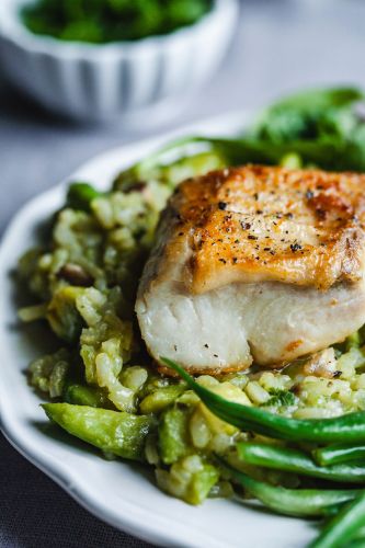 Pan-Seared Halibut with Avocado Risotto