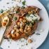 Slow Roasted Sweet Potatoes with Spicy Garlic Chickpeas and Blue Cheese Sauce