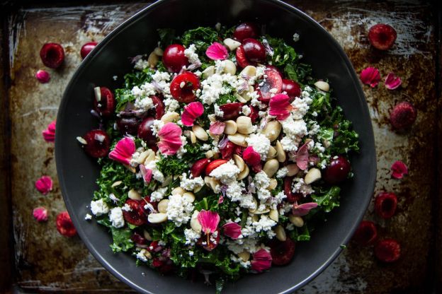 Kale Salad With Cherries And Almond Ricotta And Cherry Vinaigrette