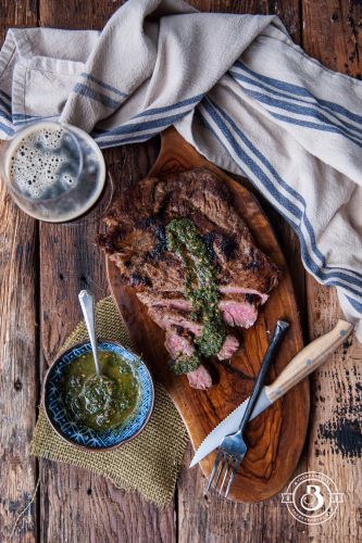 Beer Brined Pan Seared Flank Steak with Sage Chimichurri