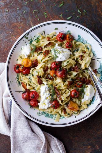 Garlic And Herb Roasted Cherry Tomato Carbonara Crispy Prosciutto + Burrata