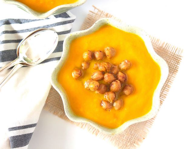 Ginger turmeric carrot soup with spiced chickpeas