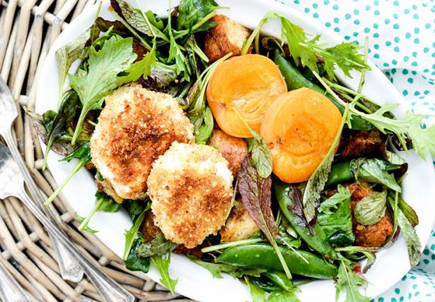 Crusted goat cheese spring panzanella salad