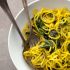 Golden beet noodles with beet greens and cilantro tahini sauce