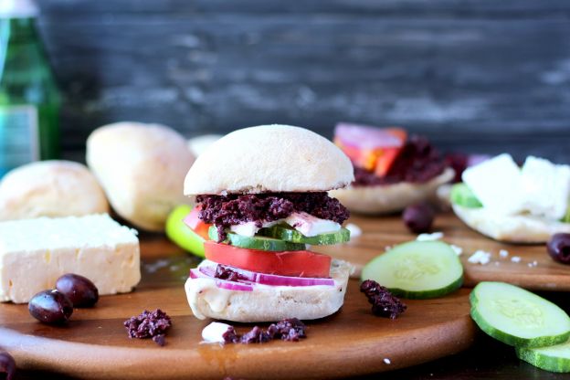 Greek Salad Sandwich with Kalamata Olive Tapenade + Greek Aioli