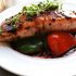 Grilled salmon and peppers with strawberry balsamic glaze
