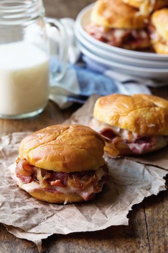 Hot Ham & Cheese Sandwiches with Bacon and Caramelized Onions