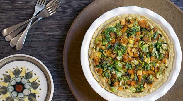 Mashed Potato Crusted Butternut Squash, Brussels Sprouts, and Tofu Pie