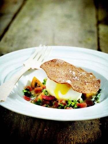 Soft-boiled egg and buckwheat pancake thin