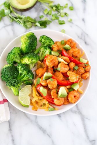 Jerk shrimp with crispy plantain noodles