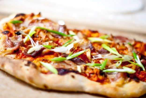 Kimchi pork belly pizza