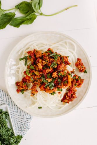 Kohlrabi spaghetti and kale mushroom bolognese