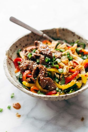 Korean bbq steak bowls with spicy sesame dressing