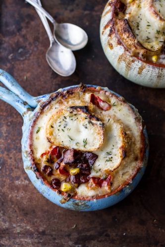 Late Summer Corn and Lobster French Onion Chowder with Gruyere Toasts