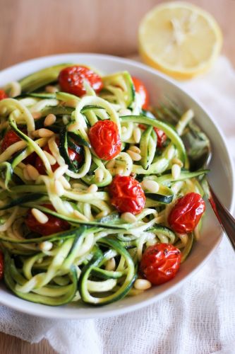 Lemon garlic zucchini noodles with roasted tomatoes