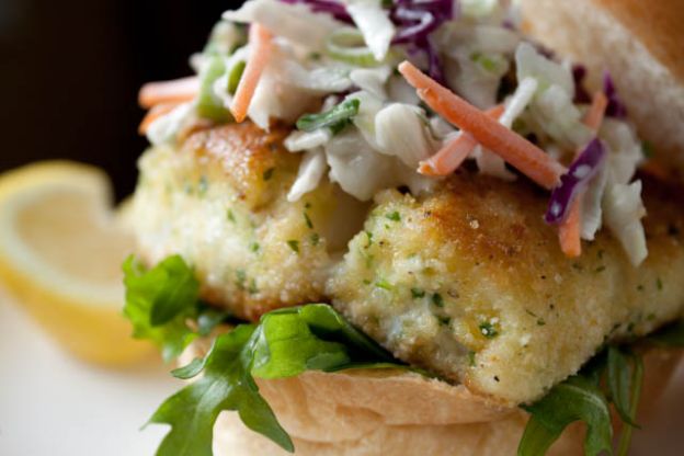 Lighter Fried Fish Sandwich with Creamy Coleslaw