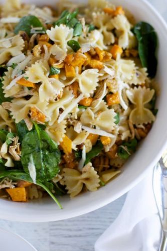 Maple pumpkin and walnut pasta salad with chicken