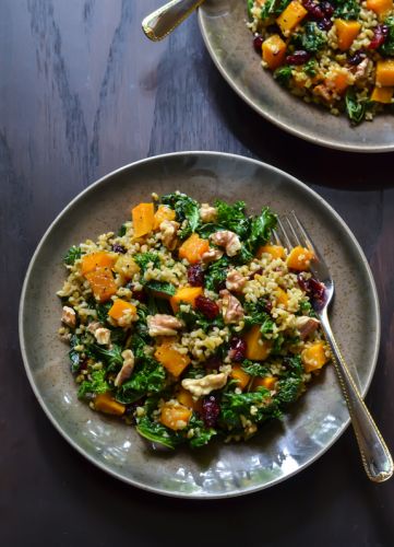 Maple roasted butternut freekeh salad with kale