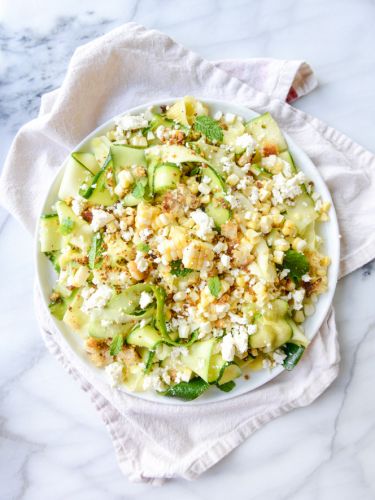 Marinated Zucchini Feta Salad with Toasted Pistachio Breadcrumbs