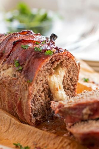 Mozzarella stuffed bacon wrapped meatloaf