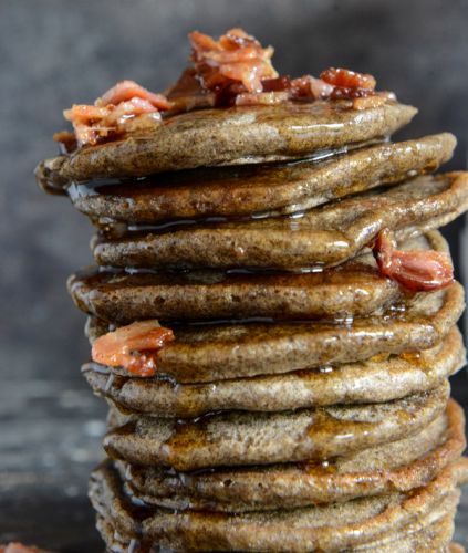Mini Buckwheat Bacon Pancakes with Burboun Syrup
