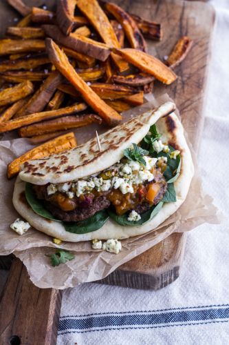 Moroccan Spiced Lamb Burgers with Apricot Chutney and Pistachio Feta Pesto