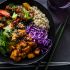 korean barbecue tofu bowls with stir-fried veggies and quinoa