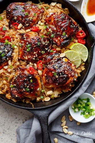 One Skillet Thai Chicken Thighs and Noodles