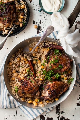 One Skillet Baked Chicken Shawarma and Rice (Pilaf)