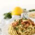 Parsnip noodles with lemon-basil cashew cream sauce and garlic shrimp