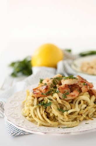 Parsnip noodles with lemon-basil cashew cream sauce and garlic shrimp