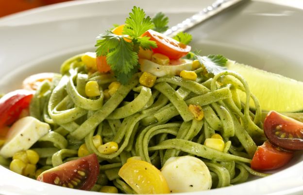 Pasta al fresco with fresh herb linguine, cherry tomatoes, corn and Mozzarella