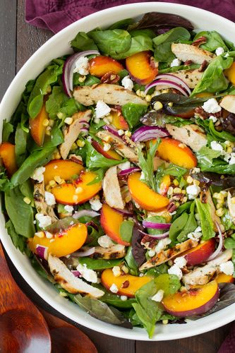Peach salad with grilled basil chicken and white balsamic honey vinaigrette