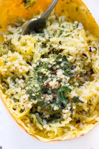 5-Ingredient Pesto Spaghetti Squash Boats
