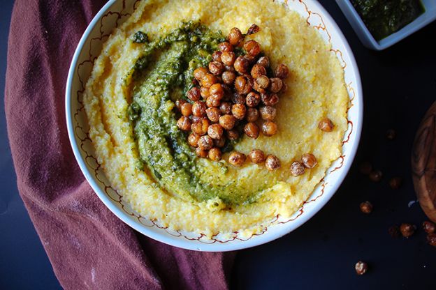 Goat Cheese Polenta with Basil Almond Pesto & Pan Fried Chickpeas