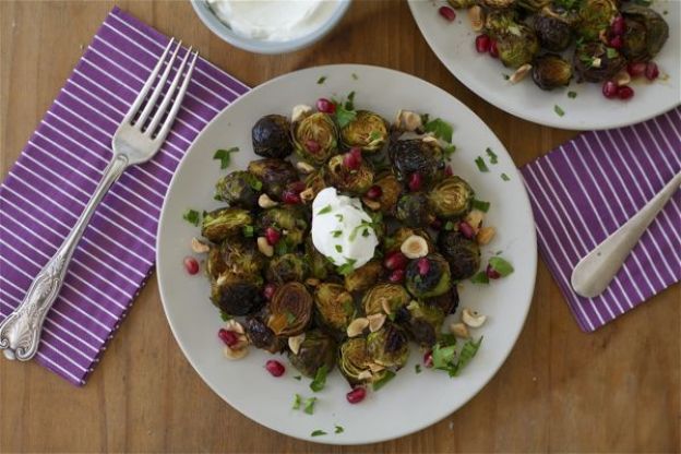Pomegranate Molasses Brussels Sprouts with Hazelnuts