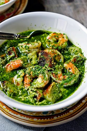 Portoguese bread and garlic soup with cilantro and fresh shrimp