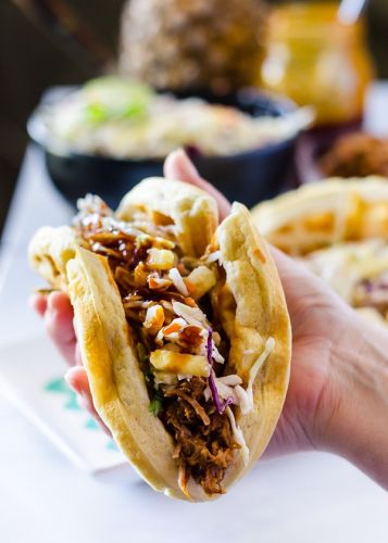 Pulled Pork Waffle Tacos with Pineapple Slaw